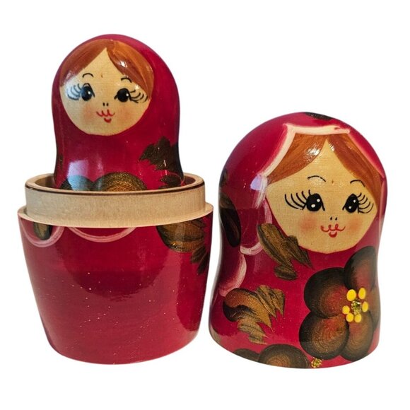 Hand-Painted Russian Matryoshka Nesting Dolls Set Of 5 Floral Design Glossy Red - Picture 10 of 16